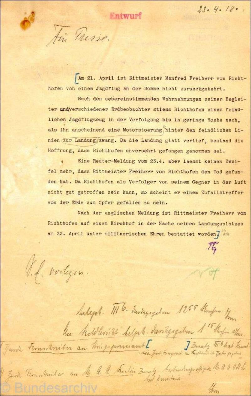 Press release on the death of Manfred von Richthofen
